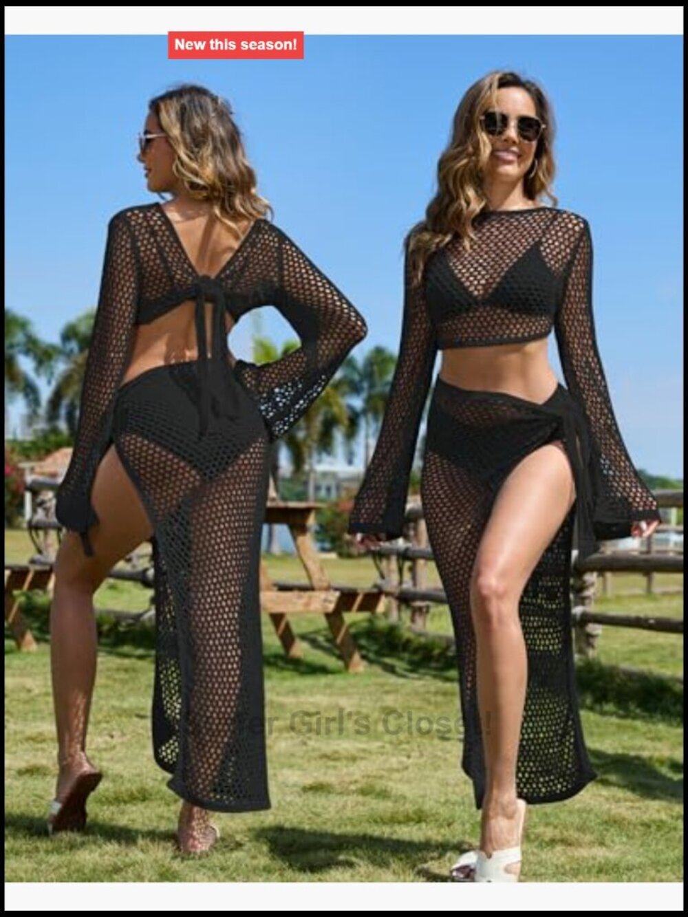 Women's Crochet Two Piece Swimsuit Cover Up Set Hollow Out Knit Top and Wrap - Picture 5 of 7